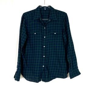 Chaps | Blue Green Plaid Snap Front Shirt Long Sleeve Cotton Flannel Womens L